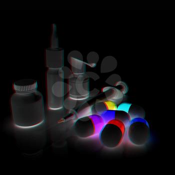 Syringe, tablet, pill jar. 3D illustration. Anaglyph. View with red/cyan glasses to see in 3D.