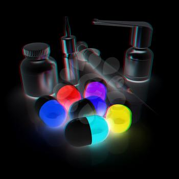 Syringe, tablet, pill jar. 3D illustration. Anaglyph. View with red/cyan glasses to see in 3D.