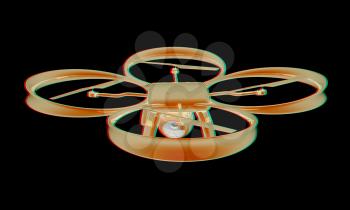 Drone, quadrocopter, with photo camera flying. 3d render. Anaglyph. View with red/cyan glasses to see in 3D.