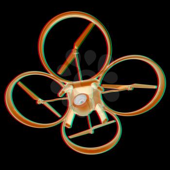 Drone, quadrocopter, with photo camera flying. 3d render. Anaglyph. View with red/cyan glasses to see in 3D.