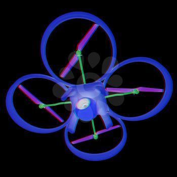 Drone, quadrocopter, with photo camera flying. 3d render. Anaglyph. View with red/cyan glasses to see in 3D.