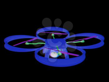 Drone, quadrocopter, with photo camera flying. 3d render. Anaglyph. View with red/cyan glasses to see in 3D.