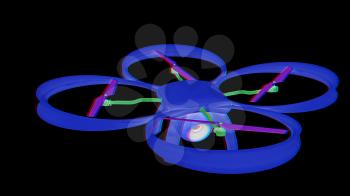 Drone, quadrocopter, with photo camera flying. 3d render. Anaglyph. View with red/cyan glasses to see in 3D.