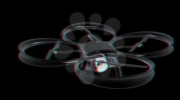 Drone, quadrocopter, with photo camera flying. 3d render. Anaglyph. View with red/cyan glasses to see in 3D.