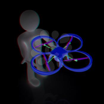 3d man with drone, quadrocopter, with photo camera. 3d render. 3D render. Anaglyph. View with red/cyan glasses to see in 3D.