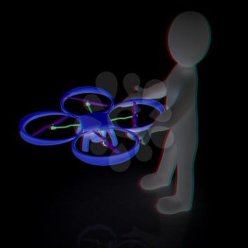 3d man with drone, quadrocopter, with photo camera. 3d render. 3D render. Anaglyph. View with red/cyan glasses to see in 3D.