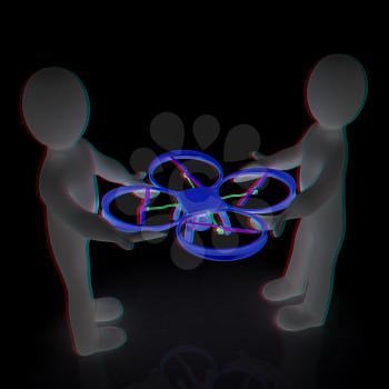 3d man with drone, quadrocopter, with photo camera. 3d render. 3D render. Anaglyph. View with red/cyan glasses to see in 3D.