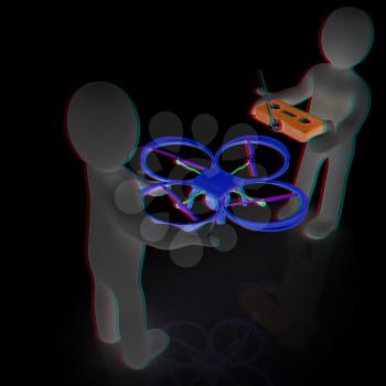 3d man with drone, quadrocopter, with photo camera. 3d render. 3D render. Anaglyph. View with red/cyan glasses to see in 3D.