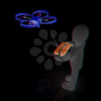 3d man with drone, quadrocopter, with photo camera. 3d render. 3D render. Anaglyph. View with red/cyan glasses to see in 3D.