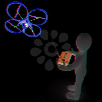 3d man with drone, quadrocopter, with photo camera. 3d render. 3D render. Anaglyph. View with red/cyan glasses to see in 3D.