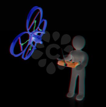 3d man with drone, quadrocopter, with photo camera. 3d render. 3D render. Anaglyph. View with red/cyan glasses to see in 3D.