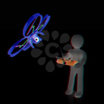 3d man with drone, quadrocopter, with photo camera. 3d render. 3D render. Anaglyph. View with red/cyan glasses to see in 3D.