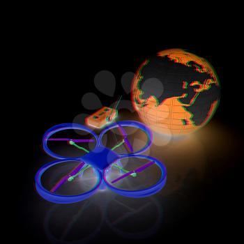 Quadrocopter Drone with Earth Globe and remote controller on a white background. 3d illustration. Anaglyph. View with red/cyan glasses to see in 3D.