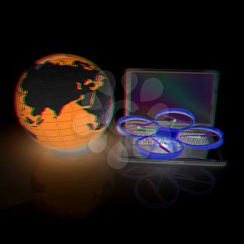 Drone or quadrocopter with camera with laptop. Network, online, buy, internet shopping, smart home. 3d render. Anaglyph. View with red/cyan glasses to see in 3D.