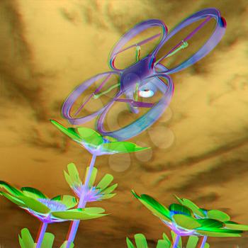 Drone, quadrocopter, with photo camera against the sky and Beautiful Cosmos Flower. 3D illustration. Anaglyph. View with red/cyan glasses to see in 3D.