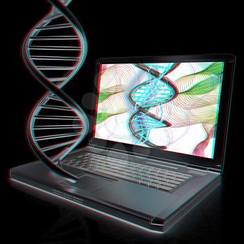 Laptop with dna medical model background on laptop screen. 3d illustration. Anaglyph. View with red/cyan glasses to see in 3D.