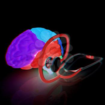 stethoscope and brain. 3d illustration. Anaglyph. View with red/cyan glasses to see in 3D.