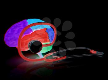 stethoscope and brain. 3d illustration. Anaglyph. View with red/cyan glasses to see in 3D.