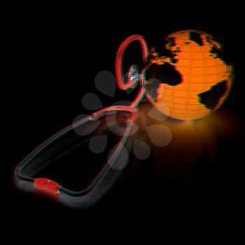 stethoscope and globe.3d illustration. Anaglyph. View with red/cyan glasses to see in 3D.