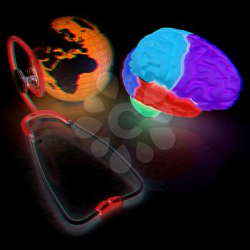 stethoscope, globe, brain - global medical concept. 3d illustration. Anaglyph. View with red/cyan glasses to see in 3D.