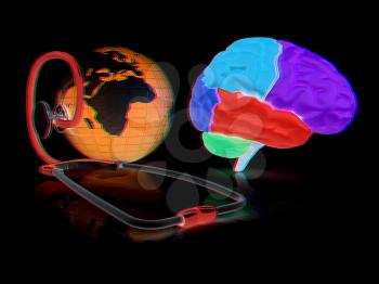 stethoscope, globe, brain - global medical concept. 3d illustration. Anaglyph. View with red/cyan glasses to see in 3D.