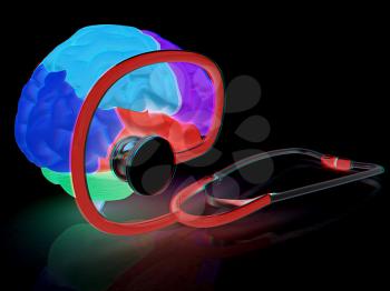 stethoscope and brain. 3d illustration. Anaglyph. View with red/cyan glasses to see in 3D.