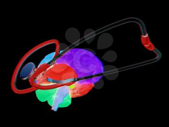 stethoscope and brain. 3d illustration. Anaglyph. View with red/cyan glasses to see in 3D.