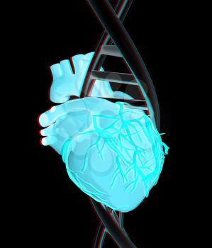 DNA and heart. 3d illustration. Anaglyph. View with red/cyan glasses to see in 3D.