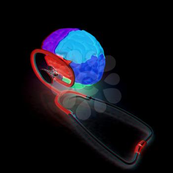 stethoscope and brain. 3d illustration. Anaglyph. View with red/cyan glasses to see in 3D.