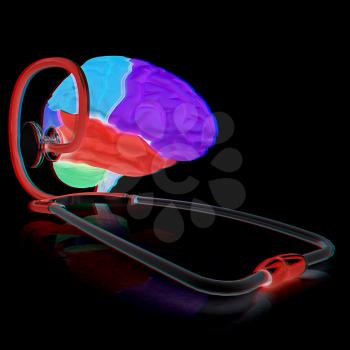 stethoscope and brain. 3d illustration. Anaglyph. View with red/cyan glasses to see in 3D.