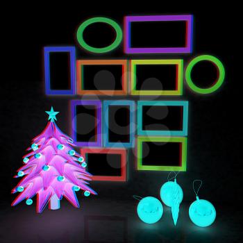 Set of Christmas and New Year frames and Christmas tree. 3D render. Anaglyph. View with red/cyan glasses to see in 3D.