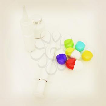 Syringe, tablet, pill jar. 3D illustration