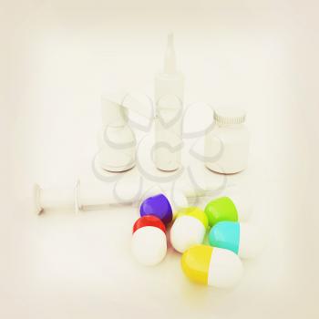 Syringe, tablet, pill jar. 3D illustration