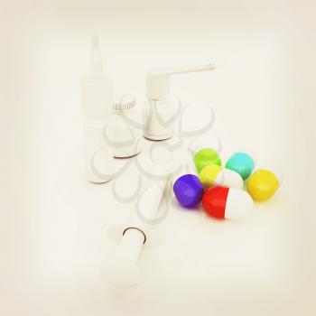 Syringe, tablet, pill jar. 3D illustration