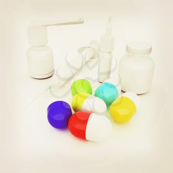 Syringe, tablet, pill jar. 3D illustration