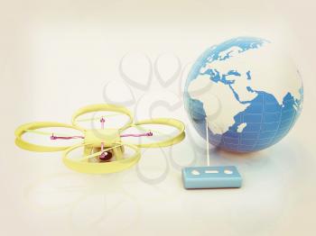 Quadrocopter Drone with Earth Globe and remote controller on a white background. 3d illustration