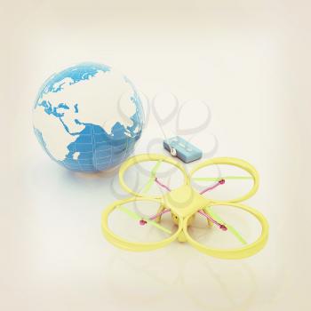 Quadrocopter Drone with Earth Globe and remote controller on a white background. 3d illustration