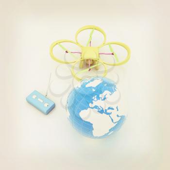 Quadrocopter Drone with Earth Globe and remote controller on a white background. 3d illustration