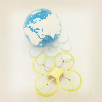 Quadrocopter Drone with Earth Globe and remote controller on a white background. 3d illustration