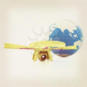 Quadrocopter Drone with Earth Globe and remote controller on a white background. 3d illustration