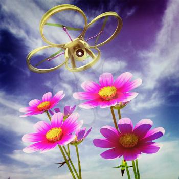 Drone, quadrocopter, with photo camera against the sky and Beautiful Cosmos Flower. 3D illustration