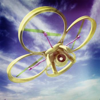 Drone, quadrocopter, with photo camera against the sky. 3D illustration