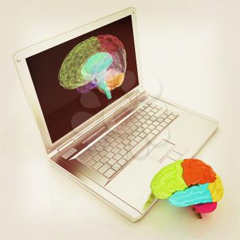 creative three-dimensional model of real human brain and scan on a digital laptop. 3d render