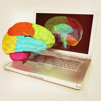 creative three-dimensional model of real human brain and scan on a digital laptop. 3d render