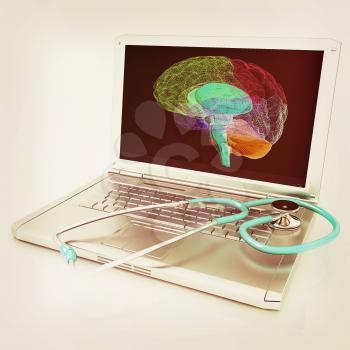 Laptop, brain and Stethoscope. 3d illustration