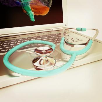 Laptop, brain and Stethoscope. 3d illustration