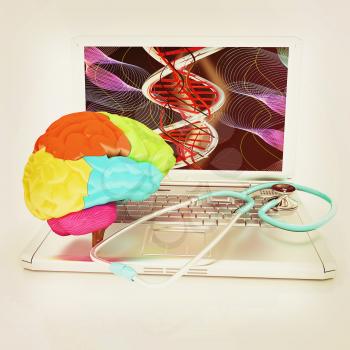 Laptop, brain and Stethoscope. 3d illustration