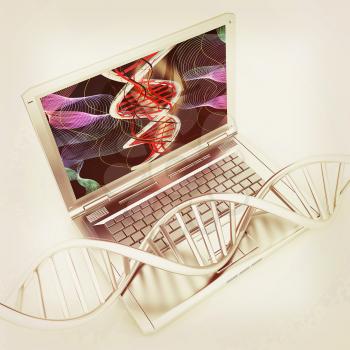 Laptop with dna medical model background on laptop screen. 3d illustration