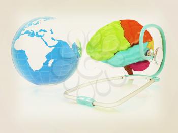 stethoscope, globe, brain - global medical concept. 3d illustration