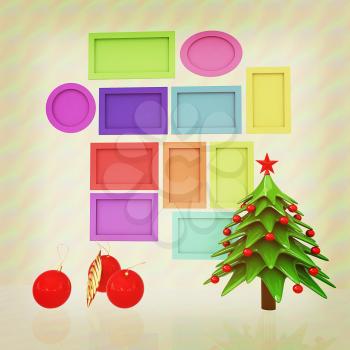 Set of Christmas and New Year frames and Christmas tree. 3D render